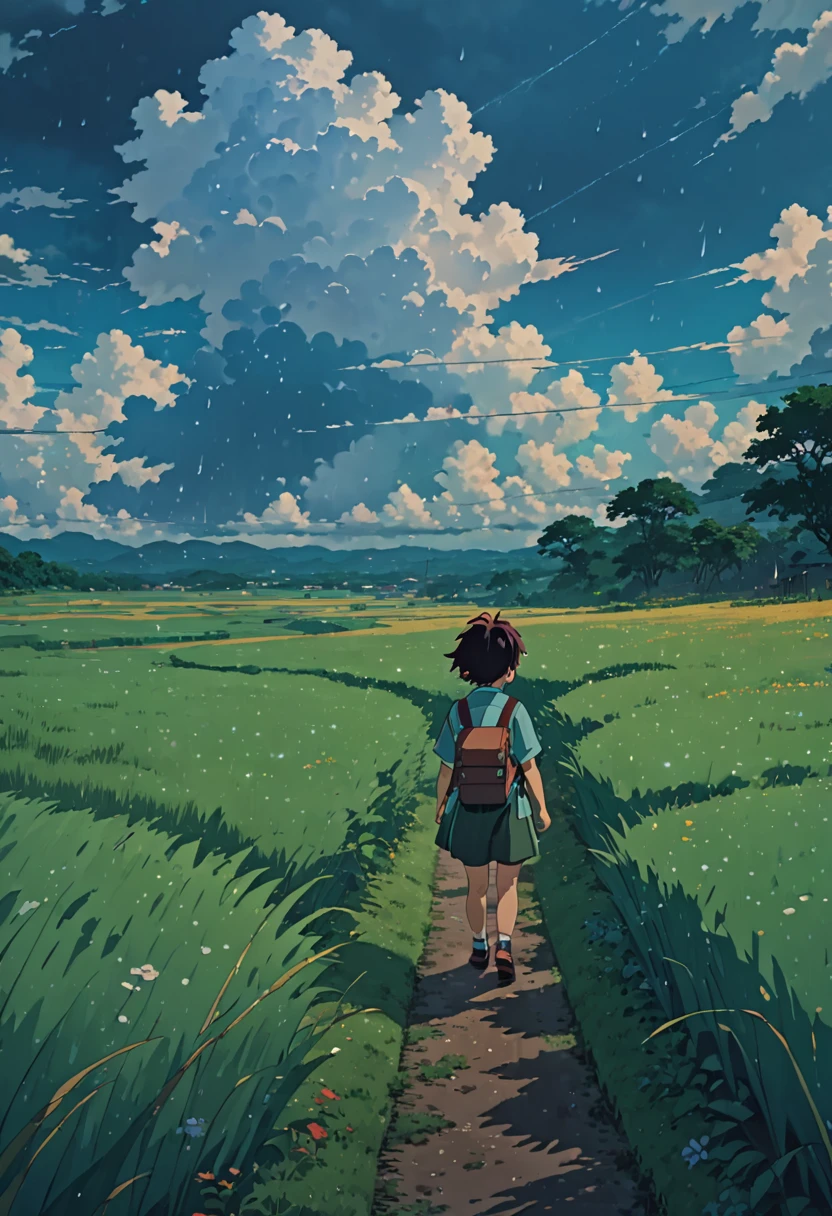 Study Ghibli summer rain grass field clouds niño HD 8K