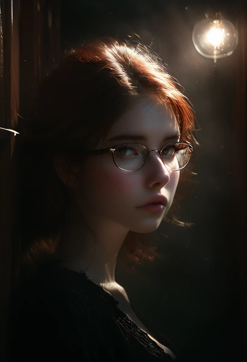 (Cinematic Frame: Realistic, Fine Drawing, Lots of Details) (((ultra realistic))) Photo, masterpiece, top quality, (pale skin), (Ultra detailed face and eyes), 1 girl, Adult, woman, dark fantasy, dramatic, lighting, shading, ((25 year old librarian chestnut colored hair and cute button nose with glasses)), full length, (Natural breasts). (Soft Lighting), (The play of light and shadows in the dark of night), depth of field, bokeh, (special attention to skin detail: 1.2), Detailed leather texture, detailed skin pores. (((surreal atmosphere in the Library in the frame:1.2))), (Color range - midnight black, ox blood red, sap green and royal purple tones), UDR, ((Film grain)), ((rays)), (Glare), ((full body portrait:1.2)). darkness