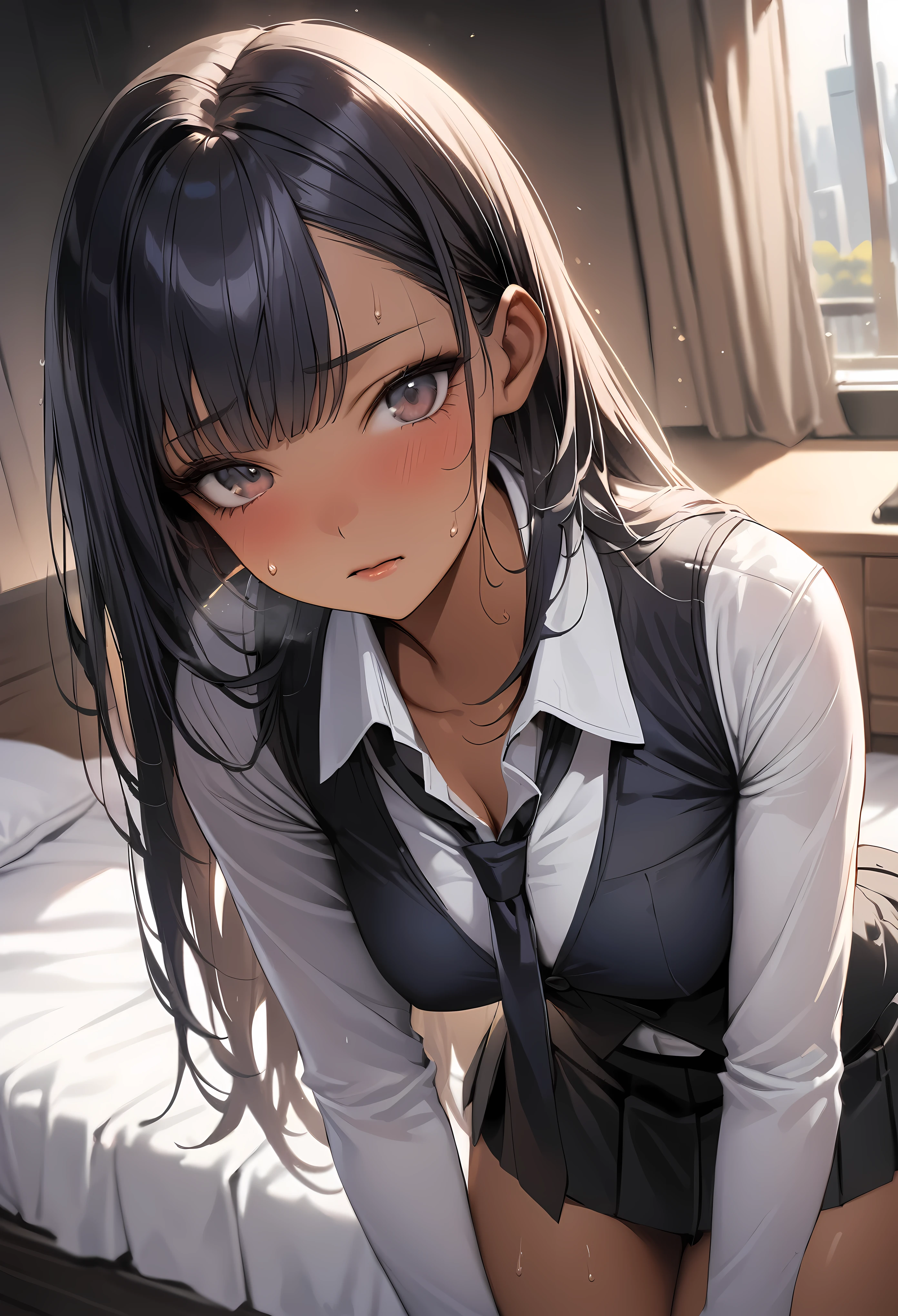 ((masterpiece,Highest quality:1.3,best quality illustration)).realistic,1woman,(20 year old beauty),((very small head:1.3)),ideal ratio body proportions,dark blue hair,straight long hair,bangs,black eyes,gorgeous big eyes,shy,((tan skin,skinny)),(Black vest、Black tie、White collared shirt、Long sleeve、Black pleated mini skirt)),medium breasts,gleaming skin,slender body,sweat,Simple bedroom,Shinjuku、Tokyo、nsfw,