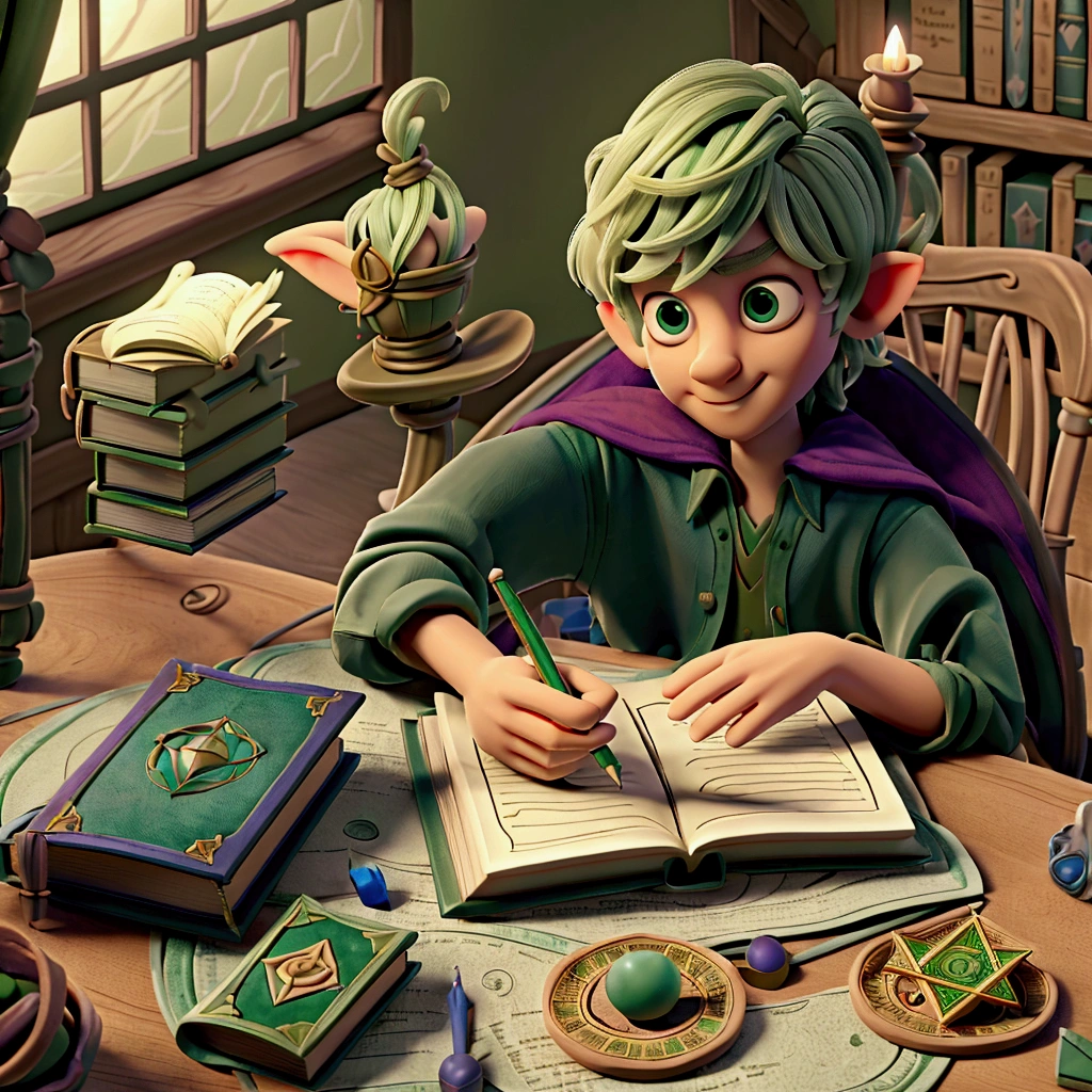 boy in a green shirt writing in a book at a table with books, portrait of a young elf wizard, wizard sitting reading at a table, young blond fantasy thief, jovem mago, fantasy book illustration, fantasy RPG book illustration, drawing sketches on his notebook, spellcasting wizard, standing inside a magical library, young half-elf wizard, using a magic tablet