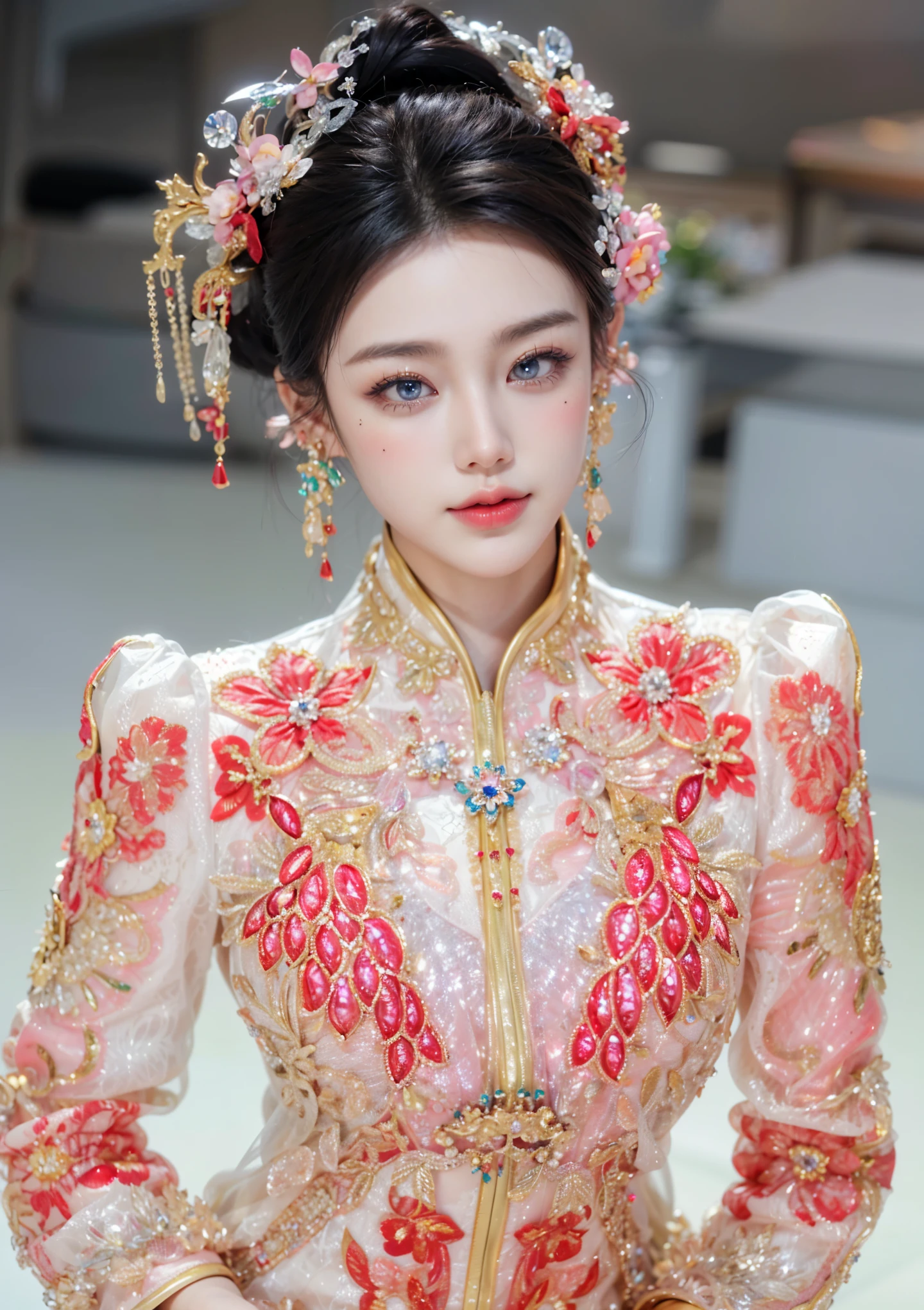 Game Art，Best image quality，Maximum resolution，8K，(A bust photo)，(portrait)，(Head close-up)，(Rule of Thirds)，Unreal Engine 5 rendering works，20 year old girl，((Queen))，The eyes are very detailed，(Large Breasts)，Elegant and noble，light，Ray Tracing，Game CG，((3D Unreal Engine))，OC rendering reflection mode，4K，Ultra-clear，Sensual，Translucent lace，Fair and plump figure，Pretty Face，Glossy Gel Coat，身着华贵礼服的Queen，Crystal Gem Crown，Necklace jewelry，blue eyes，The tattoo is very three-dimensional，Gorgeous and intricate tattoo designs，Ultra-clear portrait，Sexy thick lips(Red lipstick)，Gorgeous clothing，diamond黄金，Gold headdress，diamond