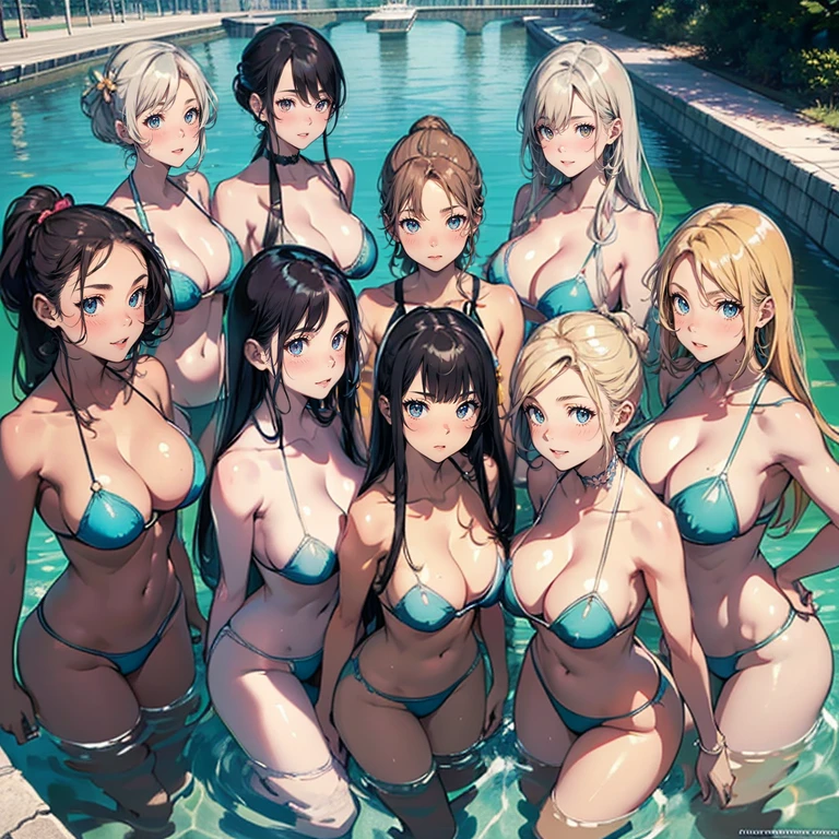 Highest quality, Super detailed, (Ultra-high resolution,8k), Ultra-high definition 4K, (Perfect Anatomy, Anatomically correct), (5 cute girls:1.4), (Beautiful Eyes), (Detailed eyes), (High-quality facial beauty), (In the water city:1.2), (Photorealistic), (Detailed big breasts), Soft Skin, Glowing Skin, (Women&#39;s Nightwear Dresses), Bright lighting, lined up vertically, Very heavy rain, (5 cute girls:1.4), colorful, Goddess-like beauty