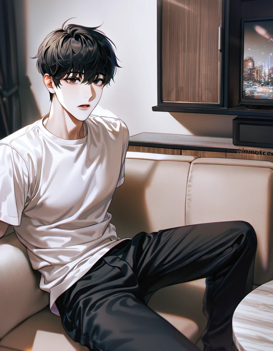(absurdres, highres, ultra detailed, HDR) master piece, best quality, extremely detailed face, delicated features, Kim Dokja, black hair, expressive brown eyes, Omniscient Reader's Viewpoint, solo, sexy man sitting, handsome, white T-shirt, black pants, living room, couch 