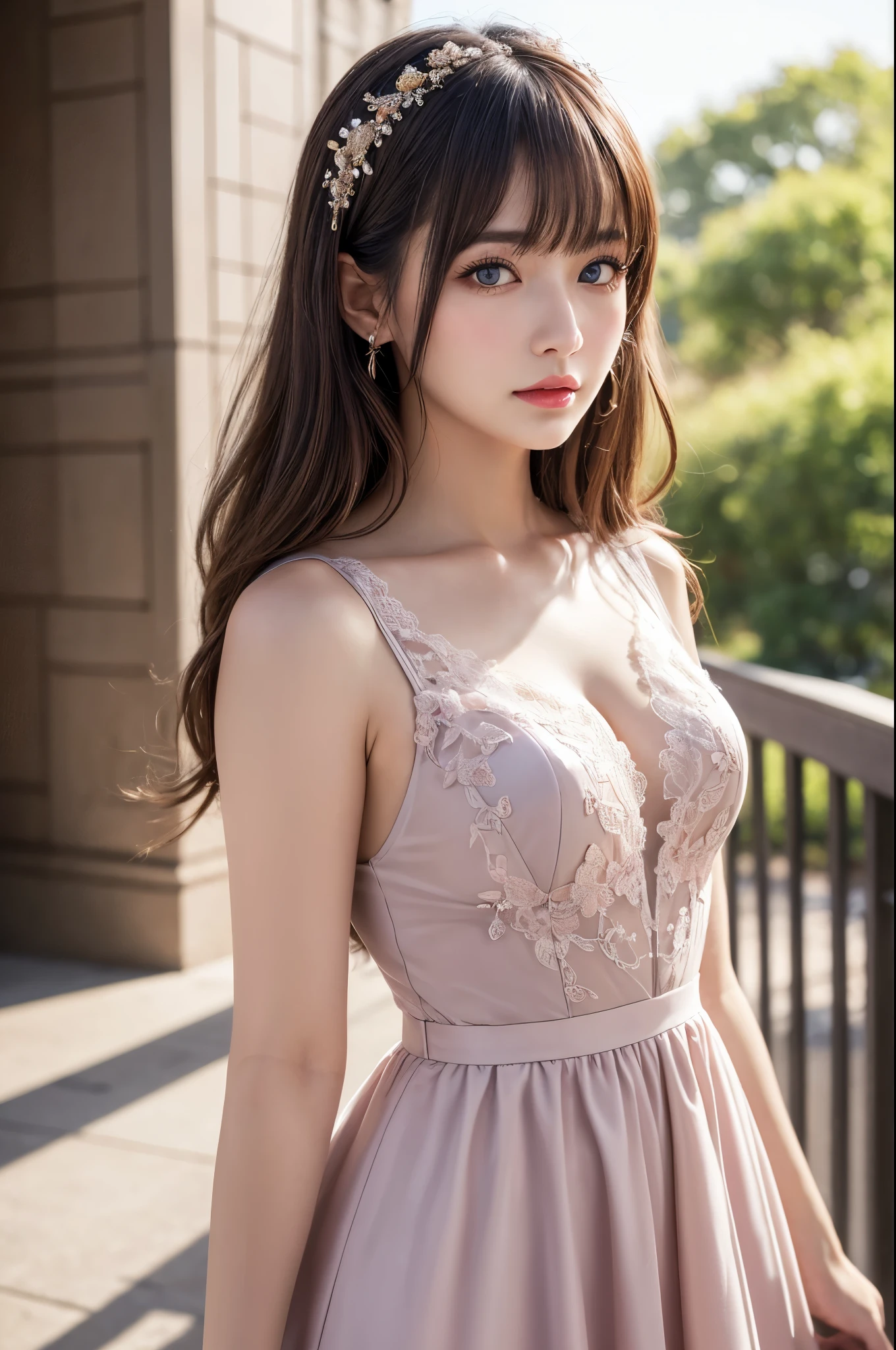 (best quality,8k,High resolution,masterpiece:1.2),Digital artwork,A cute girl,Sweet lady,Twenty generations,portrait,Detailed face,delicate eyes,long hair,side swept bangs,blue eyes,Pink lips,Suspenders,fashionable dress,see through dress,8k分辨率,High-quality CG,fair