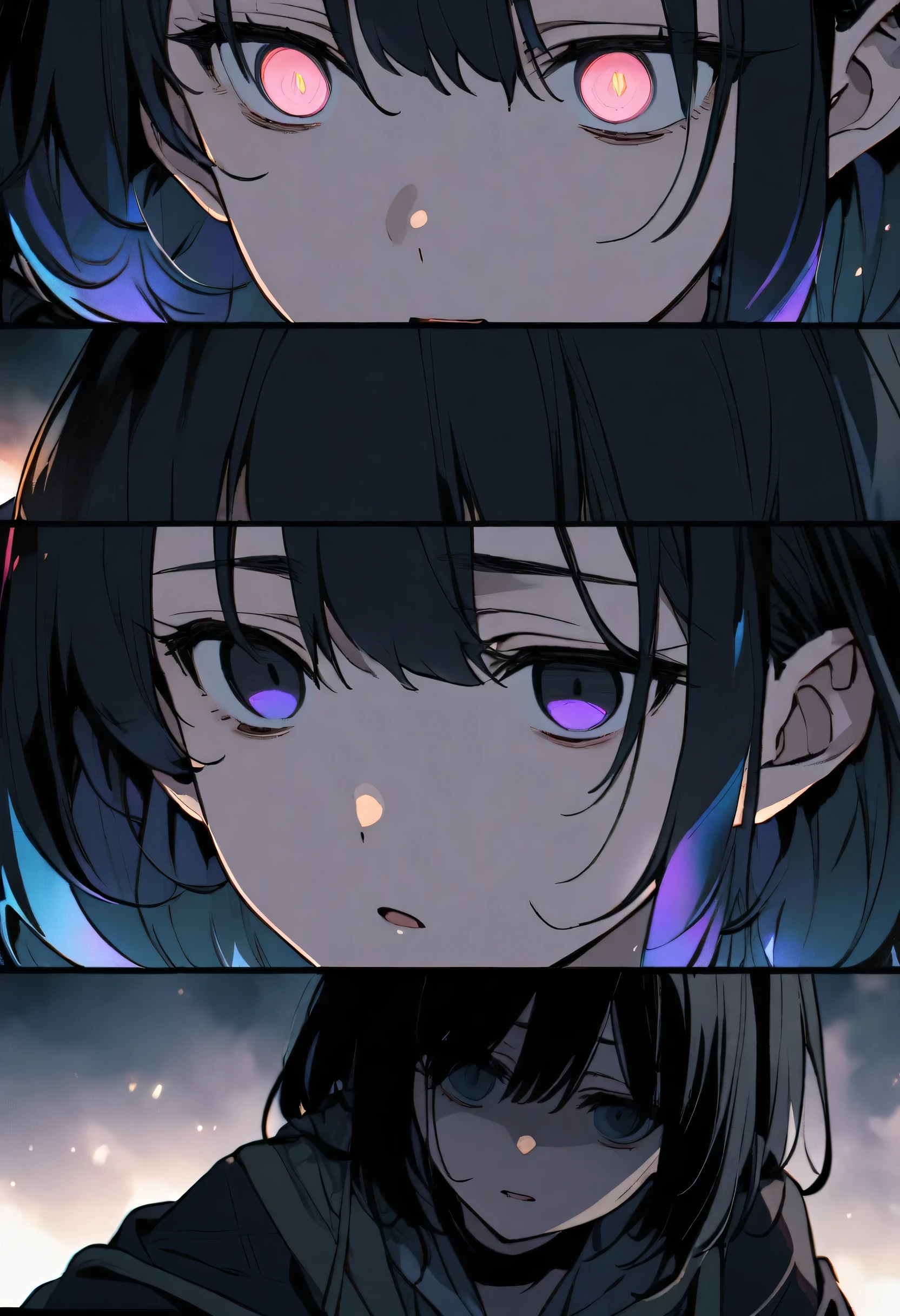 brilliant iridescent pupils, EMPTY EYES, black hair