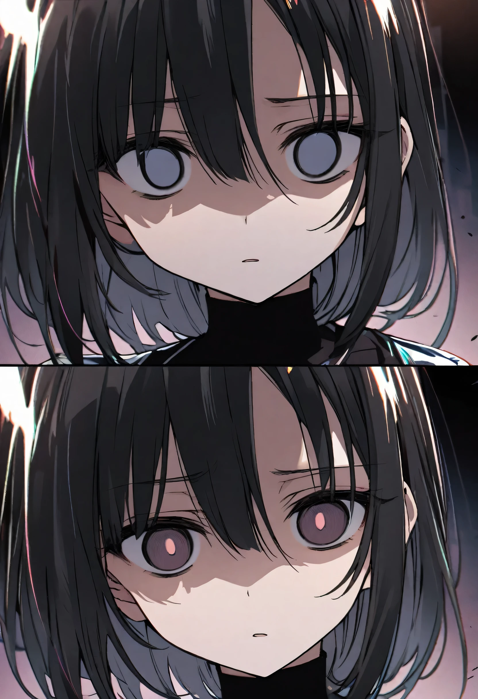 brilliant iridescent pupils, EMPTY EYES, black hair