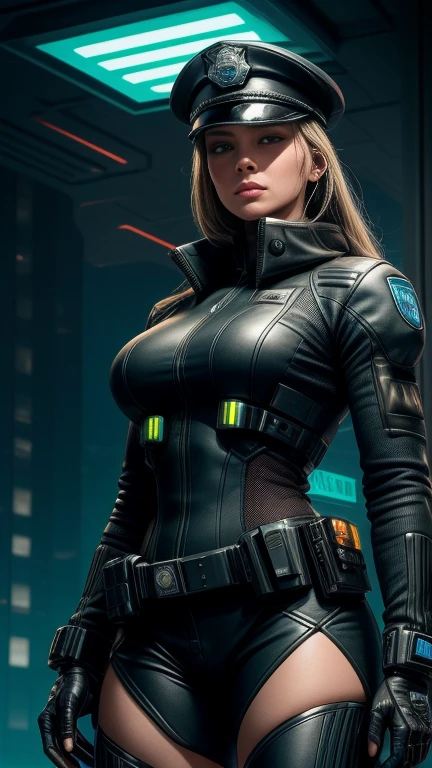 Maximum image quality，outstanding details，Borg，The cyborg police of the future，Wear a futuristic SWAT uniform..，an eye is a camera, cyborg,short skirt，She stood in front of the police car..，heavy body，Sexy and robust，Detailed abs，Detailed muscle lines，dynamic poses，the night，Future city street view background，Neon light，sense of science and technology，future technology，Very detailed cyberpunk style..，cyber punk character，Highly detailed police uniforms..，Highly detailed police cap..，Police badge，wear police cap，Very detailed weapons，The weapon of the future，intercom，wireless devices，Very detailed handcuffs..，Very detailed police equipment..，Highly detailed police car..，Future police car，Facade，Full body photo，Look from the bottom up，look from below, I look at the viewer，Locks