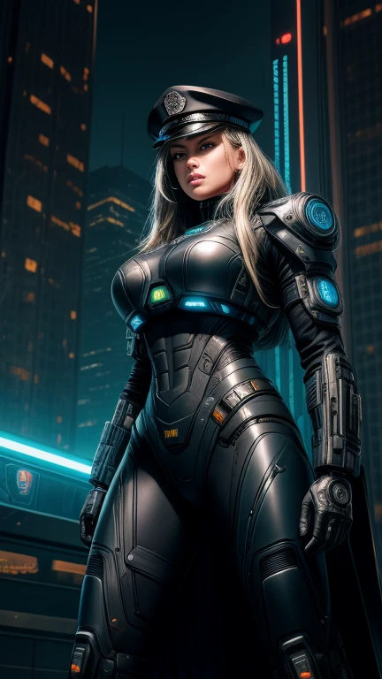 Maximum image quality，outstanding details，Borg，The cyborg police of the future，Wear a futuristic SWAT uniform..，an eye is a camera, cyborg,short skirt，She stood in front of the police car..，heavy body，Sexy and robust，Detailed abs，Detailed muscle lines，dynamic poses，the night，Future city street view background，Neon light，sense of science and technology，future technology，Very detailed cyberpunk style..，cyber punk character，Highly detailed police uniforms..，Highly detailed police cap..，Police badge，wear police cap，Very detailed weapons，The weapon of the future，intercom，wireless devices，Very detailed handcuffs..，Very detailed police equipment..，Highly detailed police car..，Future police car，Facade，Full body photo，Look from the bottom up，look from below, I look at the viewer，Locks