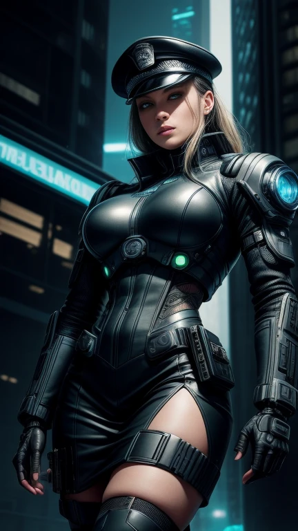 Maximum image quality,outstanding details,Borg,The cyborg police of the future,He wears a futuristic SWAT uniform.,an eye is a camera, cyborg,short skirt,She stood in front of the police car.,Hefty body,Sexy and robust,Detailed abs,Detailed muscle lines,dynamic poses,the night,Future city street view background,Neon light,sense of science and technology,future technology,Very detailed cyberpunk style.,cyber punk character,Highly detailed police uniforms.,Highly detailed police cap.,Police badge,wear police cap,Very detailed weapons,The weapon of the future,intercom,wireless devices,Very detailed handcuffs.,Very detailed police equipment.,Highly detailed police car.,Future police car,Facade,Full body photo,Look from the bottom up,look from below, I look at the viewer,locks