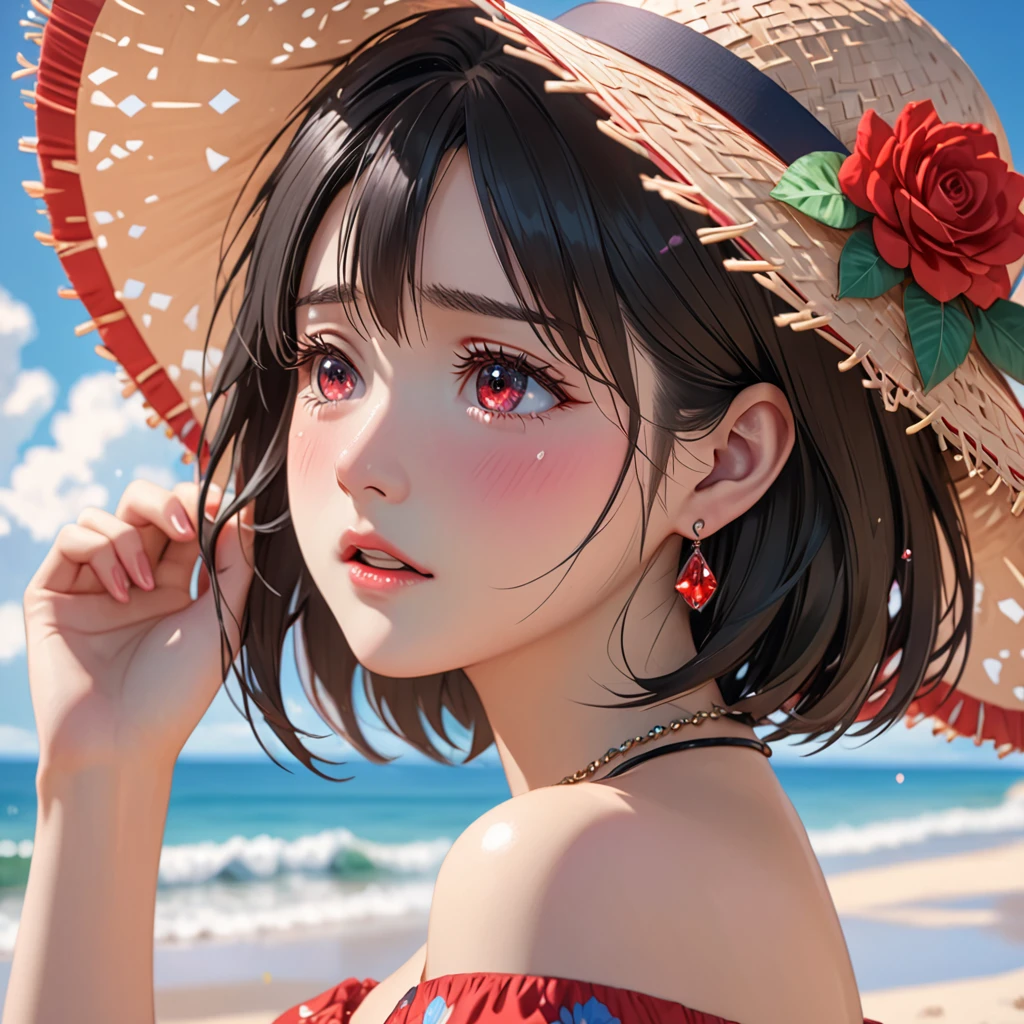National Science Foundation,masterpiece,High resolution,8k,Art,digit,Three-dimensional,Realism,Kyoto Animation Style,your name movie style,looking into camera,cute,On the scenic beach,(1 girl: 1.3),(alone: 1.4),(Colorful floral off-the-shoulder dress),Put your hands behind your head,Black Rose Summer Sunshade Straw Hat,Red crystal necklace,red crystal earrings,Black hair,Long eyelashes,Slender legs,Short Bob,Close-up of upper body,Close-up,(A Closer Look),Eyes as deep as the starry sky,shy,blush,pain,sad,sad,cry,Tears,open mouth