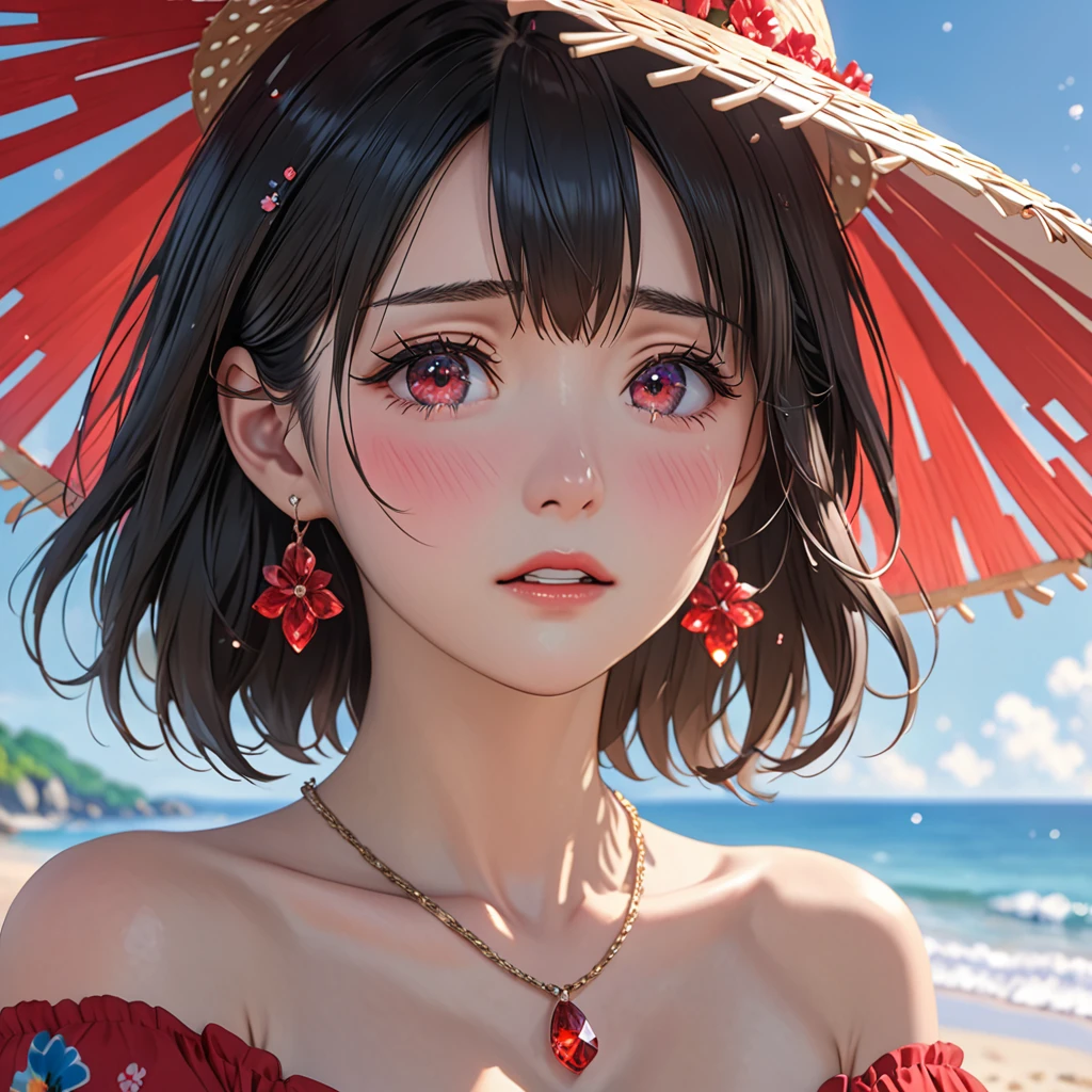 National Science Foundation,masterpiece,High resolution,8k,Art,digit,Three-dimensional,Realism,Kyoto Animation Style,your name movie style,looking into camera,cute,On the scenic beach,(1 girl: 1.3),(alone: 1.4),(Colorful floral off-the-shoulder dress),Put your hands behind your head,Black Rose Summer Sunshade Straw Hat,Red crystal necklace,red crystal earrings,Black hair,Long eyelashes,Slender legs,Short Bob,Close-up of upper body,Close-up,(A Closer Look),Eyes as deep as the starry sky,shy,blush,pain,sad,sad,cry,Tears,open mouth