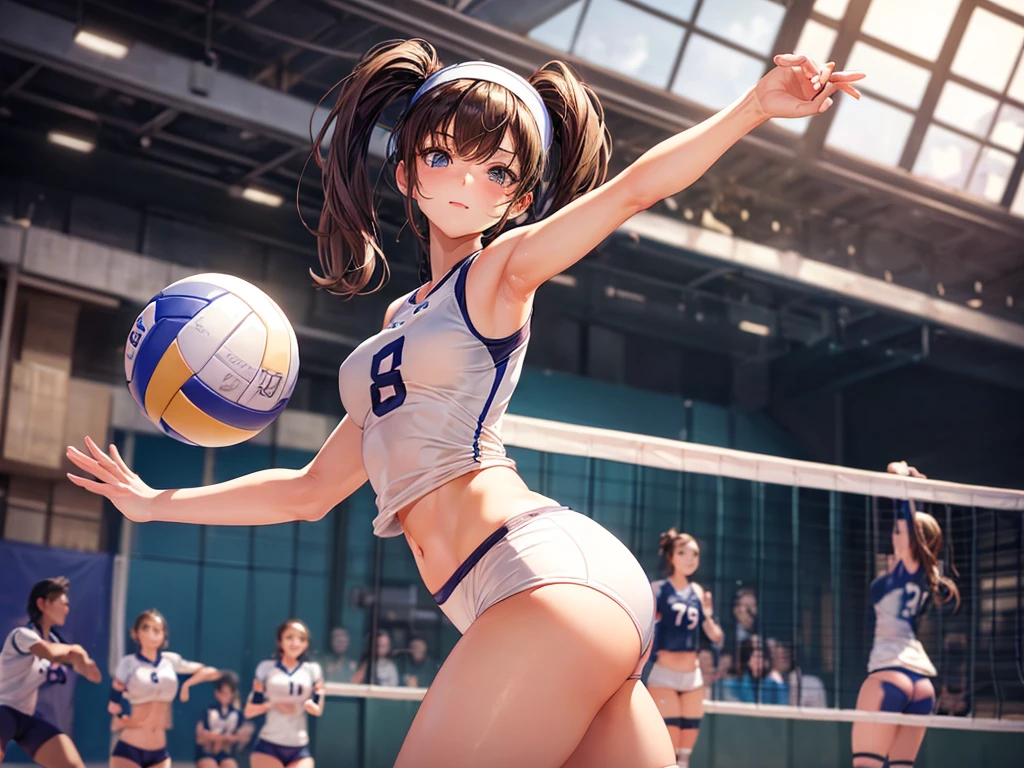 (((depict girll))), (((top-quality, masterpiece))), (((sexy volleyball uniform lot of detail))), ((very tight transparent white volleyball shorts)), ((very tight transparent white volleyball jersey)), straight brown hair, poney tail,  deep blue eyes, (((small breasts))), (nice hips), open shoulder, flat belly, sexy pose, nice ass, ((Masterpiece, Excellent, complex details)), delicate girl, delicate face, soft, pure, focused, pretty girl, light, happy, smille, volleyball atmosphere, view from back