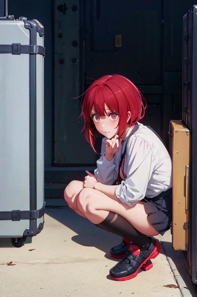 ((Best Quality)), ((Masterpiece)), (Details: 1.4),Anatomical, award-winning concept art, beautiful, fine details, warm soft color grading, depth of field, highly detailed CG Unity 8k wallpaper, amazing, best illustration, lens 135mm, glossy, light reflection, clear, very elaborate, RAW, photography, portrait, official art, beautiful and aesthetic, 1 girl, full body, full body photo of petite girl, child actor, red hair, red big eyes, short hair, black knee socks, sitting, hands on knees, absolute area, perfect feet, perfect toes, perfect foot shape, perfect toes, five toes, realism, vibrant, moment when the lover was in a miracle, fantastic visual depiction, professional effects, 13age, beautiful girl, petite girl, big, beautiful nails, Beautiful fingers
