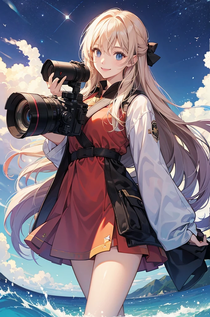A star chasing girl,With long flowing hair,Holding a camera,Smiling at the camera