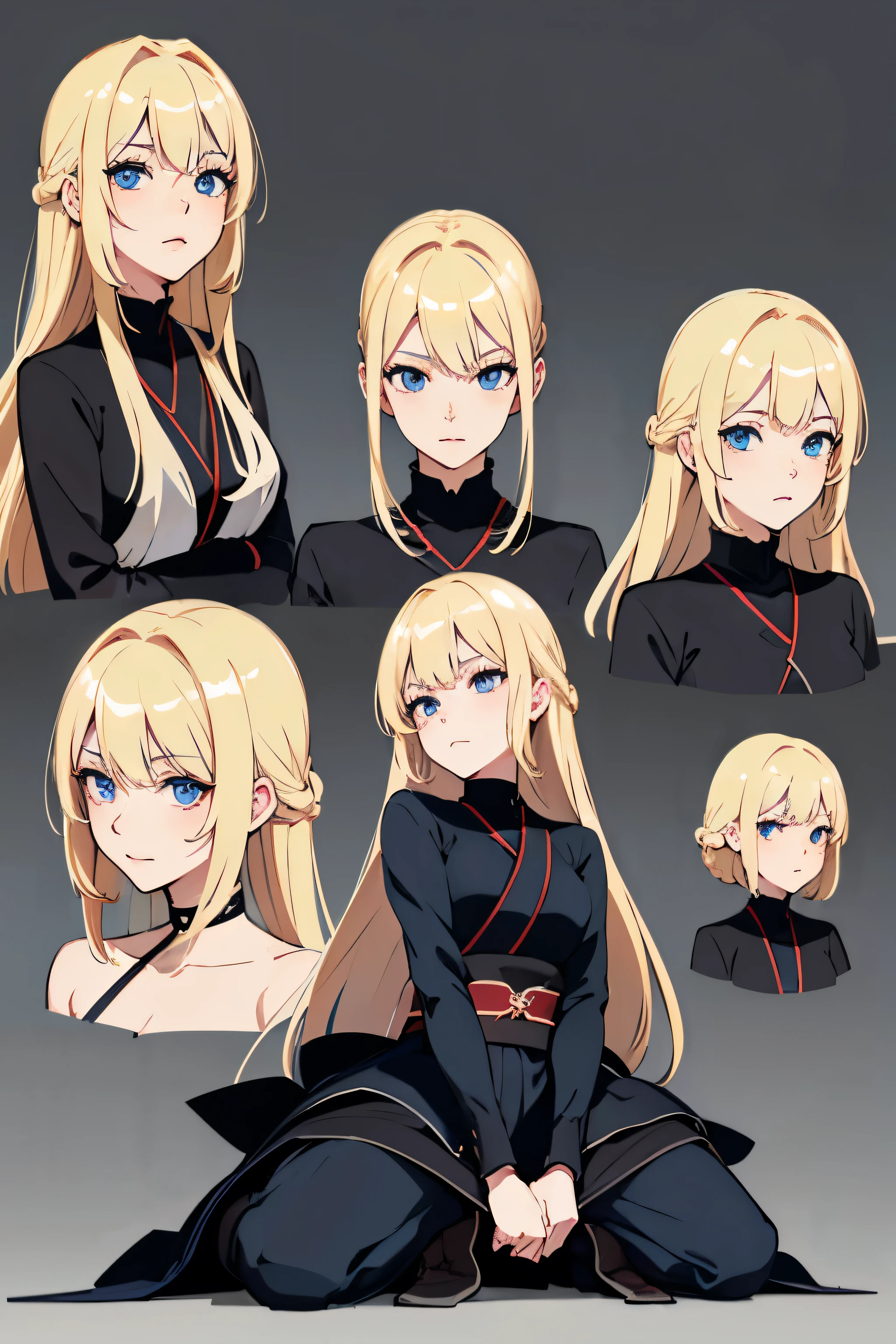 Pose Model Sheet, blonde, blue eyes, Black Dress, Hero Pose, I'm looking forward to, Highest quality, masterpiece, Anime Girls, Samurai Girl
