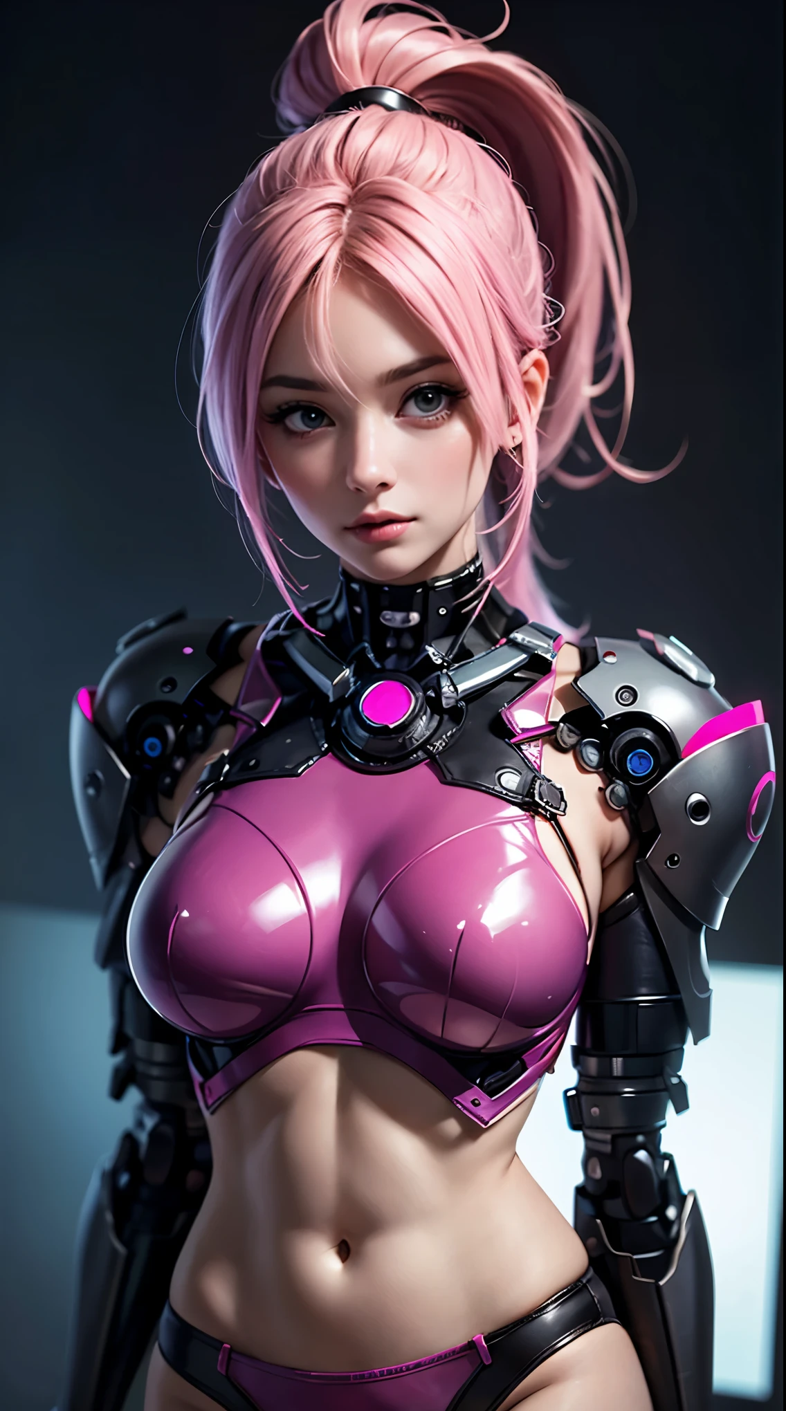 Beautiful cybernetic woman looking at camera, underwear, detailed muscles, realistic, extremely detailed face and eyes, masterpiece, background neon futuristic, pink hair, ponytail