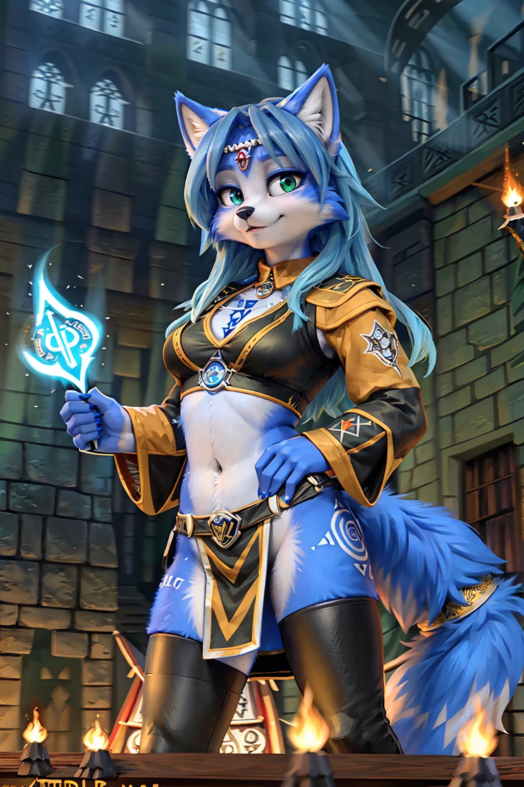 A beautiful and detailed (sweet picture) wa ((krystal)), Star Fox krystal,  green eyes, medium breasts, (((Long blue hair 1.3))),  anthro, furry, (wa Fluff-Kevlar, Bayard Wu, personalize me, Pino Daeni),  detailed fluffy fur, detailed face, (fluffy), 1 girl, alone, hair cover one eye:1.4, wears tribal clothing with leather armor, wears tribal top with leather armor, (((steht in der großen halle wa hogwarts:1.4))), she wears a fanciful magician&#39;s robe, (is in a magic duel against a dark magician)