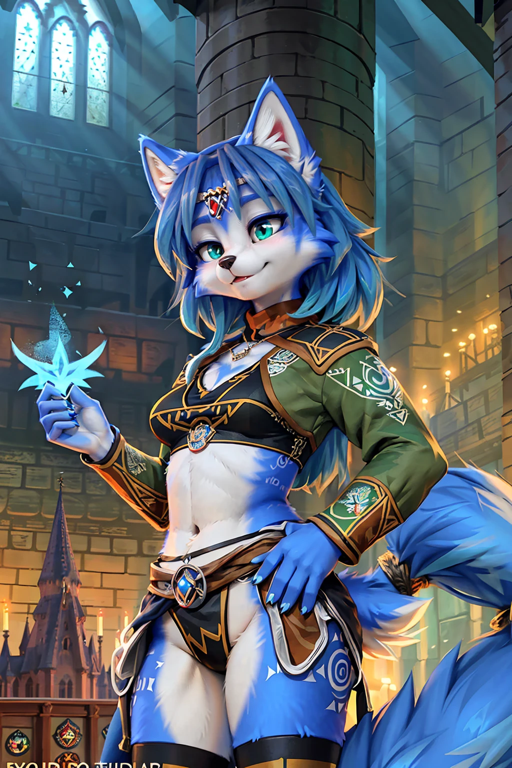 A beautiful and detailed (sweet picture) wa ((krystal)), Star Fox krystal,  green eyes, medium breasts, (((Long blue hair 1.3))),  anthro, furry, (wa Fluff-Kevlar, Bayard Wu, personalize me, Pino Daeni),  detailed fluffy fur, detailed face, (fluffy), 1 girl, alone, hair cover one eye:1.4, wears tribal clothing with leather armor, wears tribal top with leather armor, (((steht in der großen halle wa hogwarts:1.4))), she wears a fanciful magician&#39;s robe, (is in a magic duel against a dark magician)