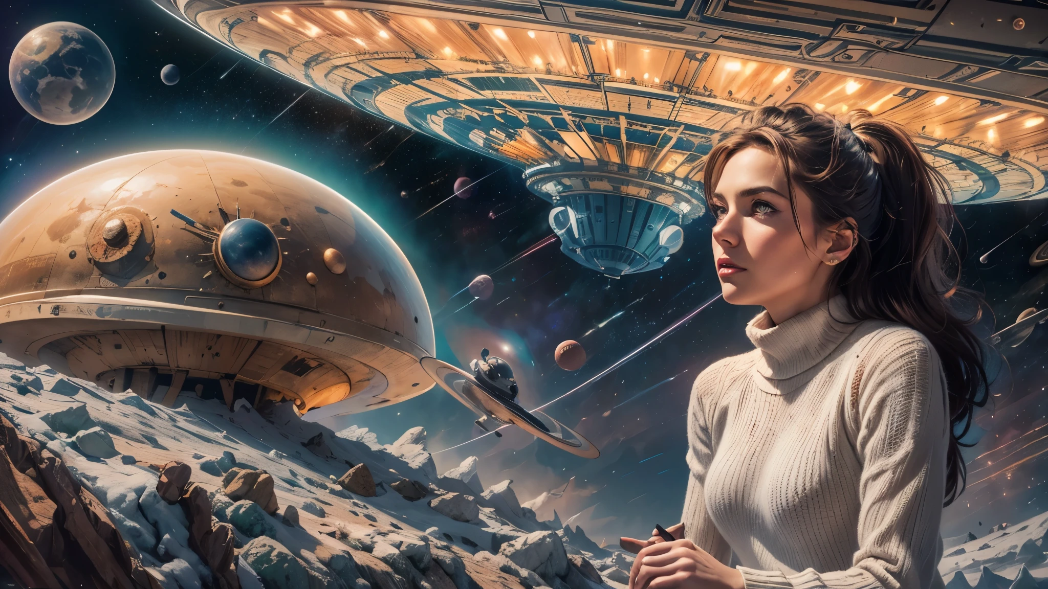 Sci-fi painting by Lou Cameron, (outer space, planets, stars, rockets, flying saucer, alien, space battle, Lazer gun, Lazer beams), proportional hands, (beautiful woman, proportional features, detailed eyes, worried expression),