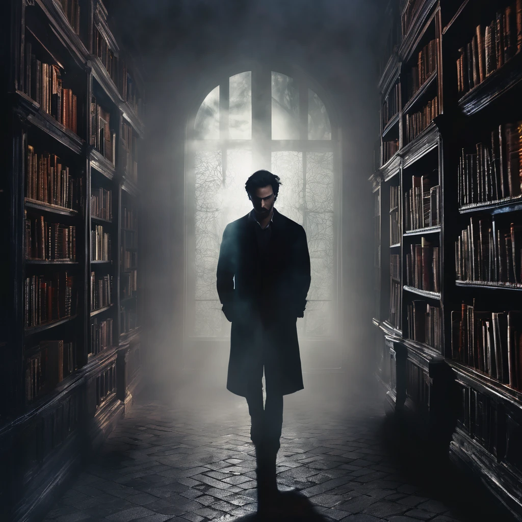 Book cover, a man, with dark hair dark, atmosphere, scary, bookcase in the background, foggy, dark