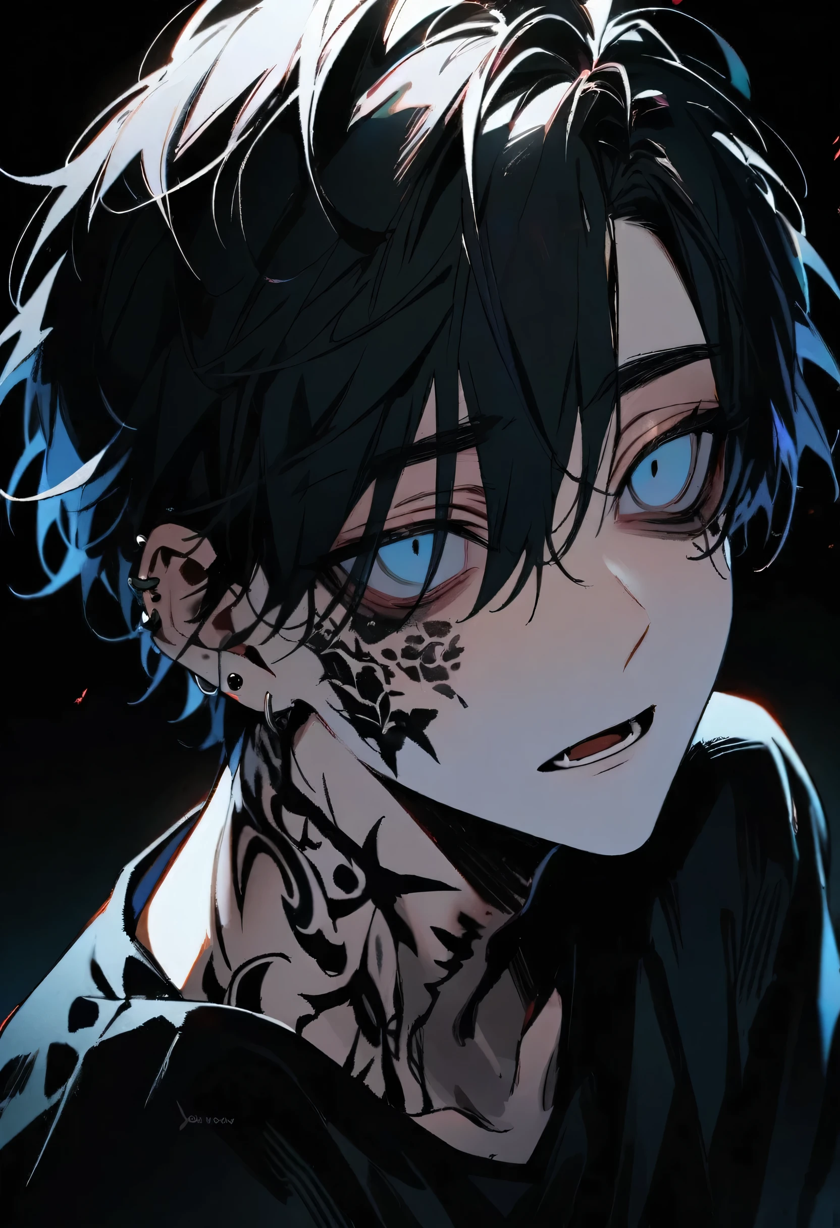 brilliant iridescent pupils, EMPTY EYES, black hair, boy, short hair, tattoos, крутой boy, black clothes, piercing 