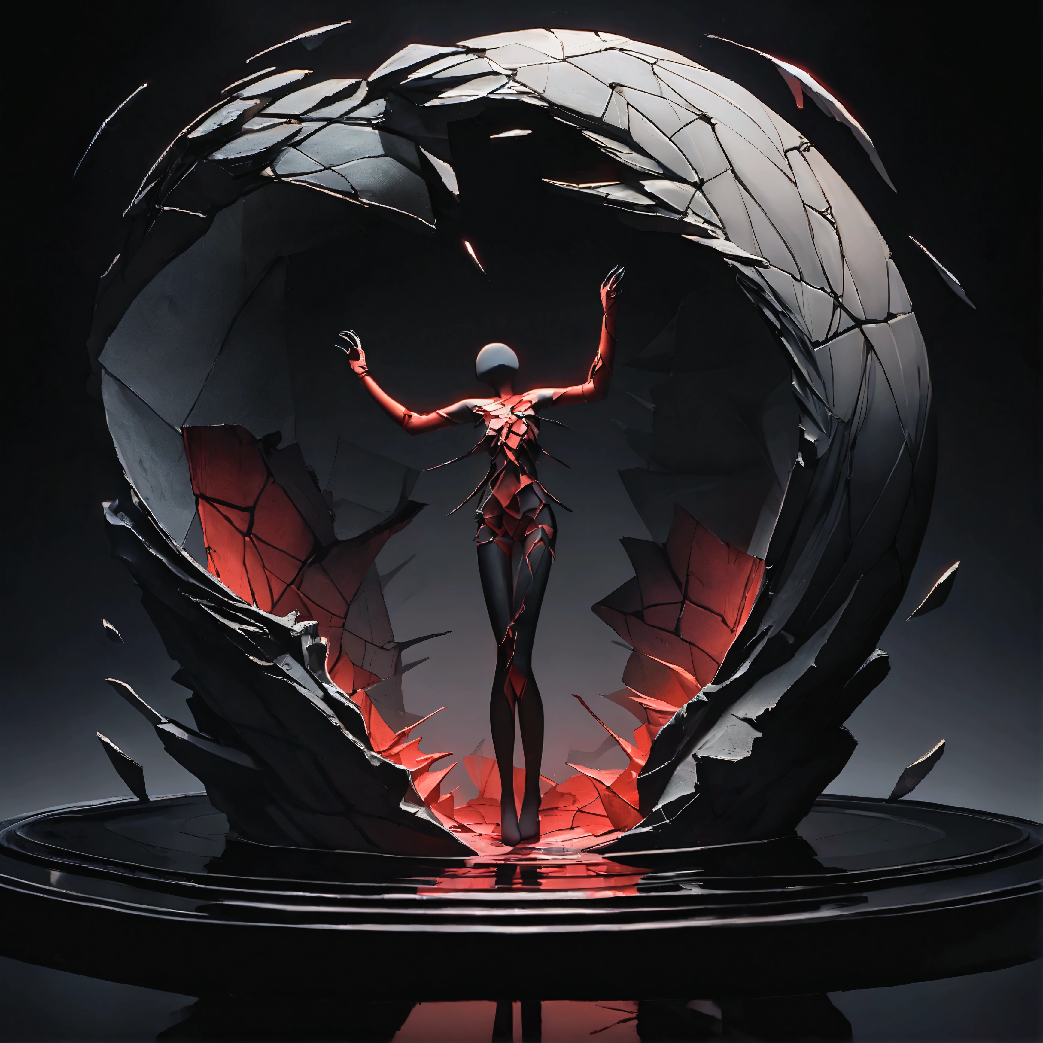 (Background:A dark, stormy sky with swirling black and gray clouds. The scene is set at night, with no visible stars or moon, emphasizing the void.), (Foreground: A shadowy, indistinct figure in the center, partially submerged in a black, swirling void. Only the upper half of the figure is visible, and the lower half fades into the darkness. The figure's face is expressionless, with hollow, empty eyes, and a slight hint of despair. The hands of the figure are reaching out, clawing at the air as if trying to escape.), (Details: Around the figure, faint, ghostly shapes of demons or nightmares lurk, their faces twisted in sinister grins. Broken mirror shards float around the figure, reflecting fragmented, distorted images of their face and the dark surroundings. Wisps of dark smoke or mist rise from the void, wrapping around the figure's arms and legs, pulling them down.), (Colors: Dominated by deep blacks, grays, and dark blues. A few splashes of crimson red to symbolize pain and suffering. The reflections in the mirror shards have a slightly brighter, almost eerie glow, highlighting the fractured reality.), (Lighting: Dim and eerie, with a slight underglow coming from the void itself. Soft light reflections off the mirror shards, creating a sense of shattered reality.)