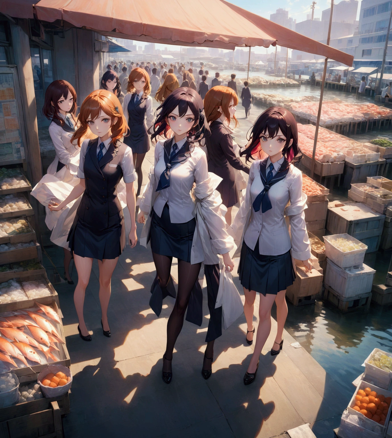 a realistic anime portrait of group of office women, they're wandering at fish market, day light scenery, front view, looking at viewer, full body detailed portrait, extremely detailed facial features, high quality, masterpiece, best quality, beautiful glowing skin, delicate facial features, elegant hairstyles, detailed clothing, realistic lighting and shadows, warm color palette, soft ambient lighting