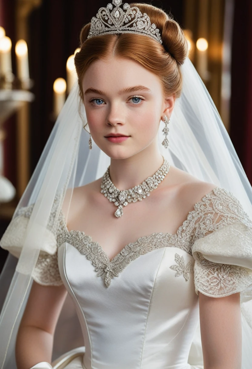 1girl, solo, (masterpiece), best quality, expressive eyes, perfect face, sadie sink, modeling in a majestic, indoor palace setting, adorned in a shimmering white satin bridal gown boasting a voluminous princess skirt, an elongated trail, a harmoniously fascinating veil, and an intricately laced and diamond-encrusted bodice with a bow. Victorian style wedding gown with lace, frills and ribbons. Elaborate victorian updo hairstyle. ribbon belt on waist, Crowning her head is a princess's tiara, while diamond earrings and necklace sparkle in contrast with the white satin of her elbow-length opera gloves, realistic, 4k, hd, detailed, perfect anatomy, perfect hands, perfect face