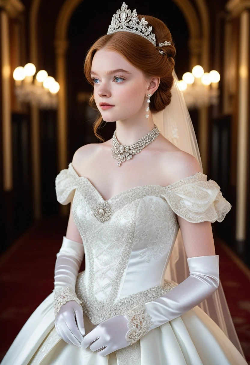 1girl, solo, (masterpiece), best quality, expressive eyes, perfect face, sadie sink, modeling in a majestic, indoor palace setting, adorned in a shimmering white satin bridal gown boasting a voluminous princess skirt, an elongated trail, a harmoniously fascinating veil, and an intricately laced and diamond-encrusted bodice with a bow. Victorian style wedding gown with lace, frills and ribbons. Elaborate victorian updo hairstyle. ribbon belt on waist, Crowning her head is a princess's tiara, while diamond earrings and necklace sparkle in contrast with the white satin of her elbow-length opera gloves, realistic, 4k, hd, detailed, perfect anatomy, perfect hands, perfect face