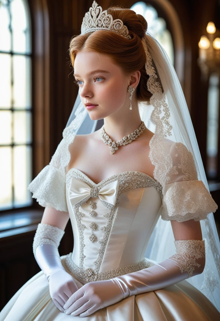 1girl, solo, (masterpiece), best quality, expressive eyes, perfect face, sadie sink, modeling in a majestic, indoor palace setting, adorned in a shimmering white satin bridal gown boasting a voluminous princess skirt, an elongated trail, a harmoniously fascinating veil, and an intricately laced and diamond-encrusted bodice with a bow. Victorian style wedding gown with lace, frills and ribbons. Elaborate victorian updo hairstyle. ribbon belt on waist, Crowning her head is a princess's tiara, while diamond earrings and necklace sparkle in contrast with the white satin of her elbow-length opera gloves, realistic, 4k, hd, detailed, perfect anatomy, perfect hands, perfect face 