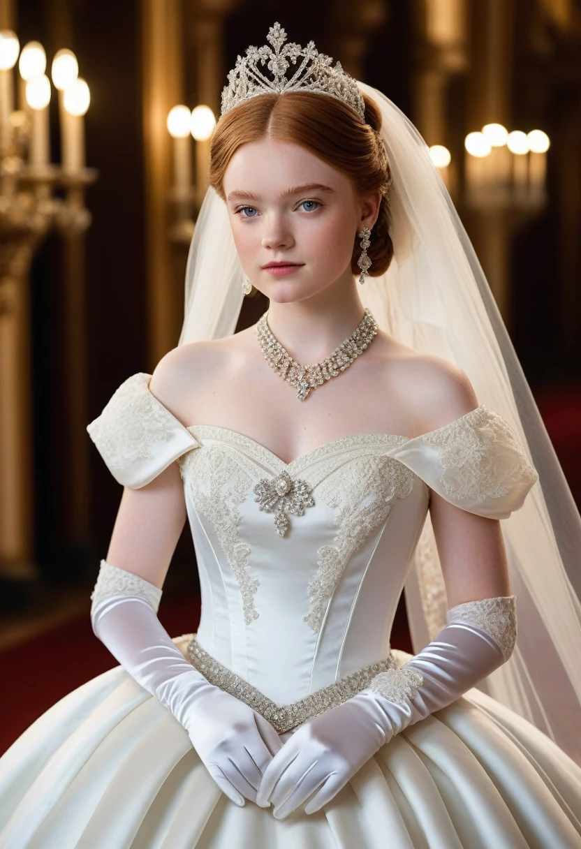 1girl, solo, (masterpiece), best quality, expressive eyes, perfect face, sadie sink, modeling in a majestic, indoor palace setting, adorned in a shimmering white satin bridal gown boasting a voluminous princess skirt, an elongated trail, a harmoniously fascinating veil, and an intricately laced and diamond-encrusted bodice with a bow. Victorian style wedding gown with lace, frills and ribbons. Elaborate victorian updo hairstyle. ribbon belt on waist, Crowning her head is a princess's tiara, while diamond earrings and necklace sparkle in contrast with the white satin of her elbow-length opera gloves, realistic, 4k, hd, detailed, perfect anatomy, perfect hands, perfect face