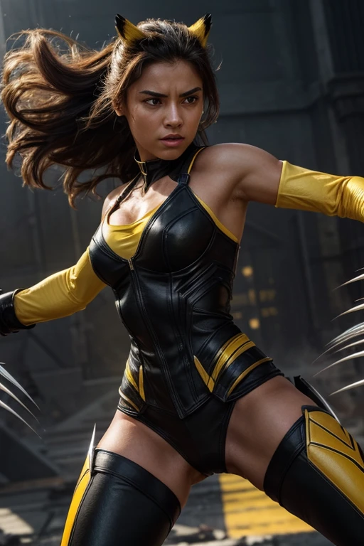 A beautiful and formidable female Wolverine stands in a dynamic, action-packed pose. She has sharp, retractable adamantium claws extended from her knuckles, gleaming menacingly in the light. Her outfit is yellow in color and black stylish elements on shoulder, forearm waist, short yellow skirt with black patterns, a black thigh high boots. She has long, flowing hair cascading down her shoulders and intense, piercing eyes that reflect her ferocity and determination.