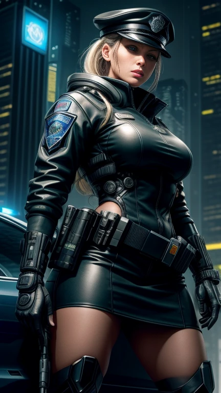 Maximum image quality,outstanding details,Borg,The cyborg police of the future,Wear a futuristic SWAT uniform..,an eye is a camera, cyborg,short skirt,She stood in front of the police car..,heavy body,Sexy and robust,Detailed abs,Detailed muscle lines,dynamic poses,the night,Future city street view background,Neon light,sense of science and technology,future technology,Very detailed cyberpunk style..,cyber punk character,Highly detailed police uniforms..,Highly detailed police cap..,Police badge,wear police cap,Very detailed weapons,The weapon of the future,intercom,wireless devices,Very detailed handcuffs..,Very detailed police equipment..,Highly detailed police car..,Future police car,Facade,Full body photo,Look from the bottom up,look from below, I look at the viewer,Locks