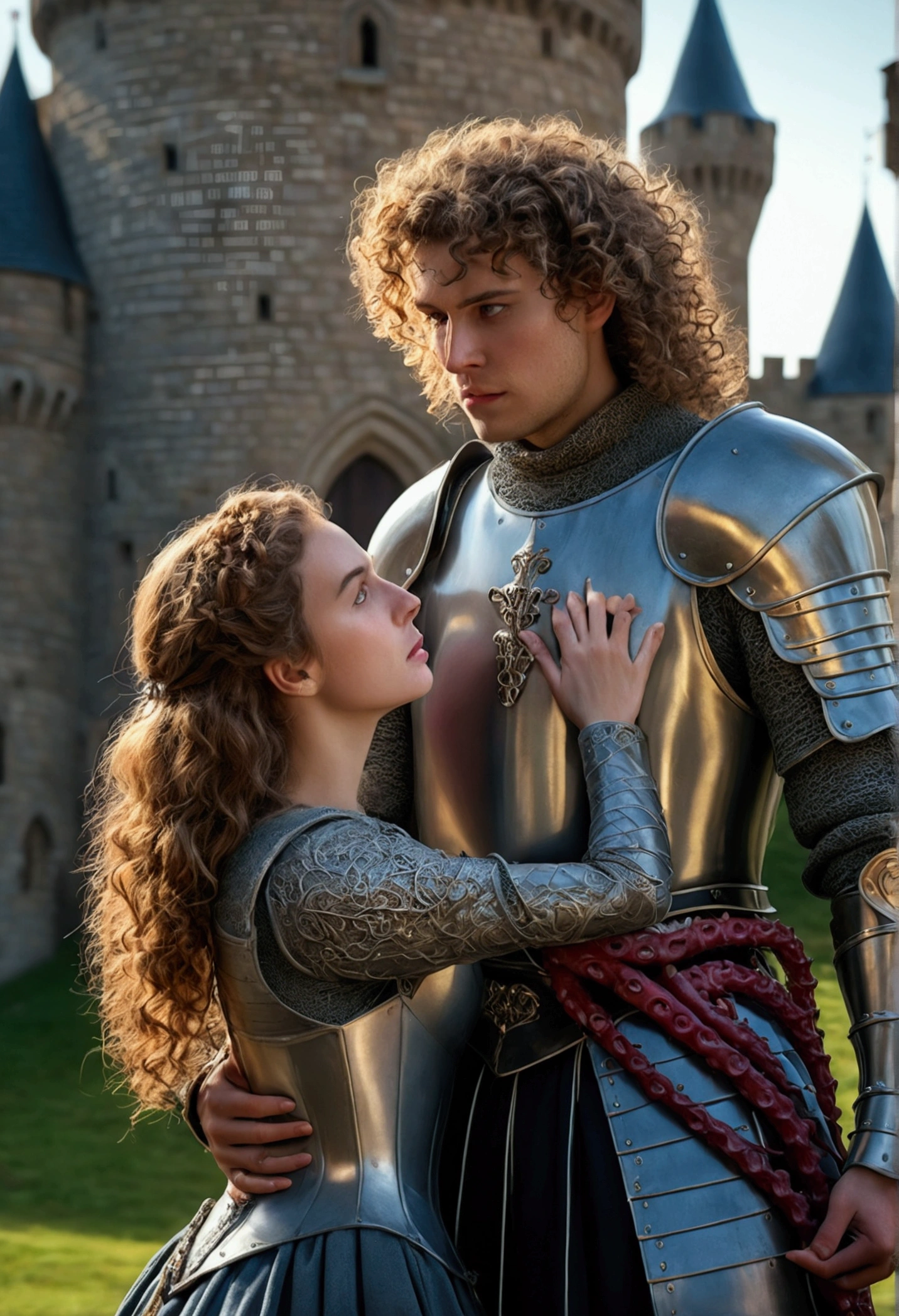 A tall, stately female knight with curly, wavy hair and her squire, medieval, castle in the background, tentacles writhing with their tentacles everywhere, trying to sneak under the woman's skirt, (best quality, 4k, 8k, highres, masterpiece:1.2), ultra-detailed, (realistic, photorealistic, photo-realistic:1.37), HDR, UHD, studio lighting, ultra-fine painting, sharp focus, physically-based rendering, extreme detail description, professional, vivid colors, bokeh, fantasy, dark fantasy, gothic, cinematic lighting, dramatic, epic, intricate details
