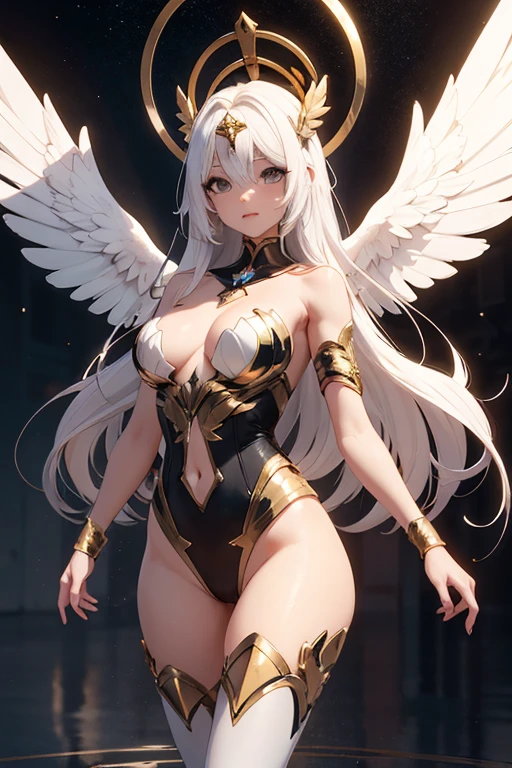3D female character with long hair, white hair, pink skin color with black eyes, on the head there is a floating golden halo and above the shoulders there are golden ornaments floating, with thick, shapely legs, on his back he has white angelic wings, white clothes.