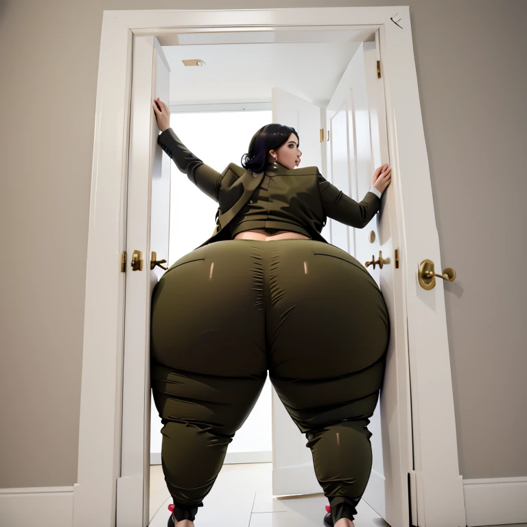 masterpiece, 1girl behind a doorway, from behind, (doorstuck, stuckback:1.3), ssbbw ,huge wide hips, round belly, thick thighs, giant butt,colorful clothing, wearing a olive green suit and tie and formal pants, upset, desperately trying to wiggle through, she tries to free herself but she won't budge, she is stuck tight view from behind, she is too wide, the doorway is quite narrow too, she kicks her legs furiously, trying to wiggle her hips through the small door, but its no good, the door is too small, she keeps trying to squeeze through with frustration, she is stuck too tight