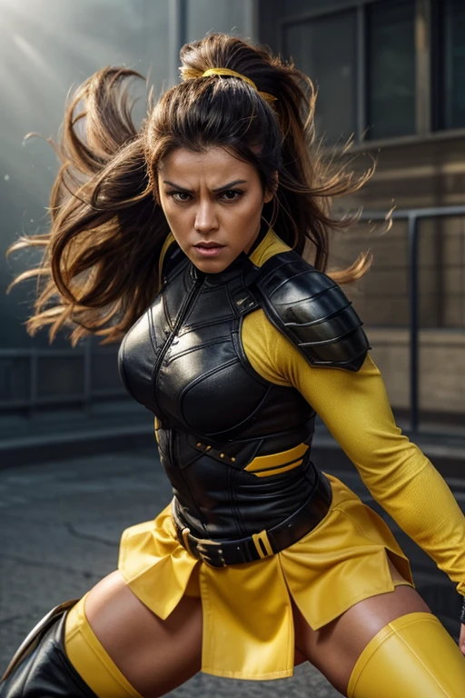 A beautiful and formidable female Wolverine stands in a dynamic, action-packed pose. She has sharp, retractable adamantium claws extended from her knuckles, gleaming menacingly in the light. Her outfit is yellow in color and black stylish elements on shoulder, forearm waist, short yellow skirt with black patterns, a black thigh high boots. She has long, flowing hair cascading down her shoulders and intense, piercing eyes that reflect her ferocity and determination.