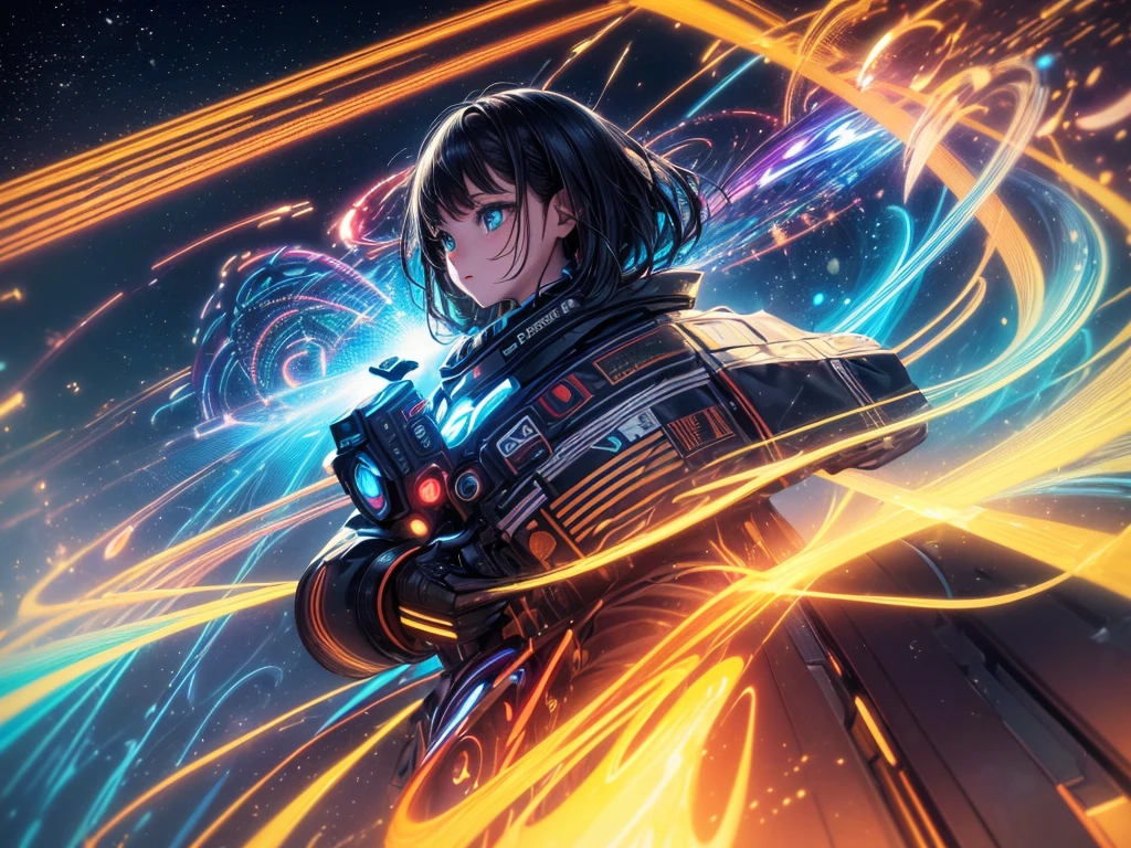 (work of art, Maximum quality, best qualityer, offcial art, beautiful and aesthetic:1.2), Light painting, dynamic stripes, swirly vibrant colors,Captivating patterns, creative experimentation, luminous trails,
1 girl, mask, Bblack hair,
Global illumination, extremely detaild,(Science fiction:1.3),colorfully,More Detailed,cinematic light,(cowboy shot:1.2),