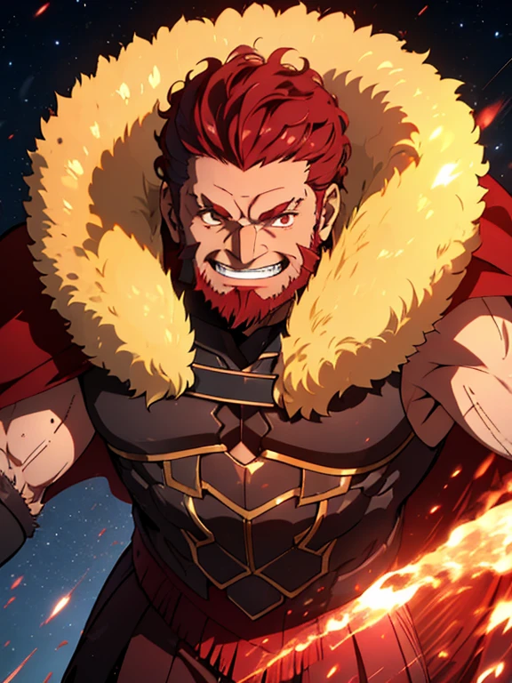 (masterpiece, best quality:1.2), Close-up, Alone, male focus, 1boy, iskandar, mature male, Muscular male, evil smile,  has red powers. He is in a fighting position with his fists closed.,, armor, fur-trimmed cape