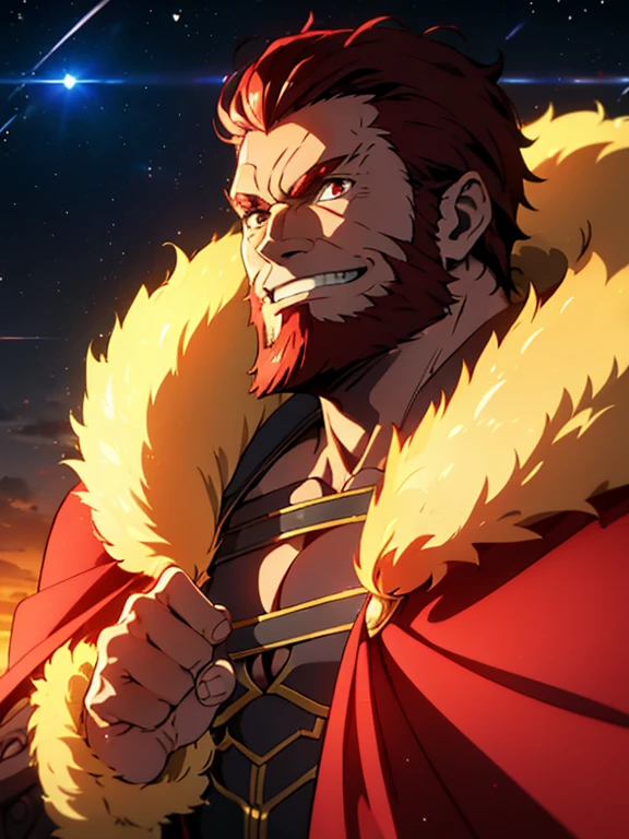 (masterpiece, best quality:1.2), Close-up, Alone, male focus, 1boy, iskandar, mature male, Muscular male, evil smile,  has red powers. He is in a fighting position with his fists closed.,, armor, fur-trimmed cape