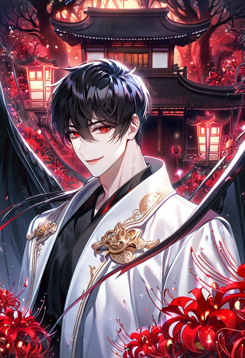 absurdres, highres, ultra detailed, HDR, master piece, best quality, detailed eyes, extremely detailed, delicated features, Kim Dokja, black hair, expressive red eyes, Omniscient Reader's Viewpoint, solo, sexy man, handsome, smile, demon, black wings, red horns, white coat, black shirt, magical, fantasy, red spider lilies, red glittering dragonflies, red lanterns, traditional Japanese house, red trees, envy magical