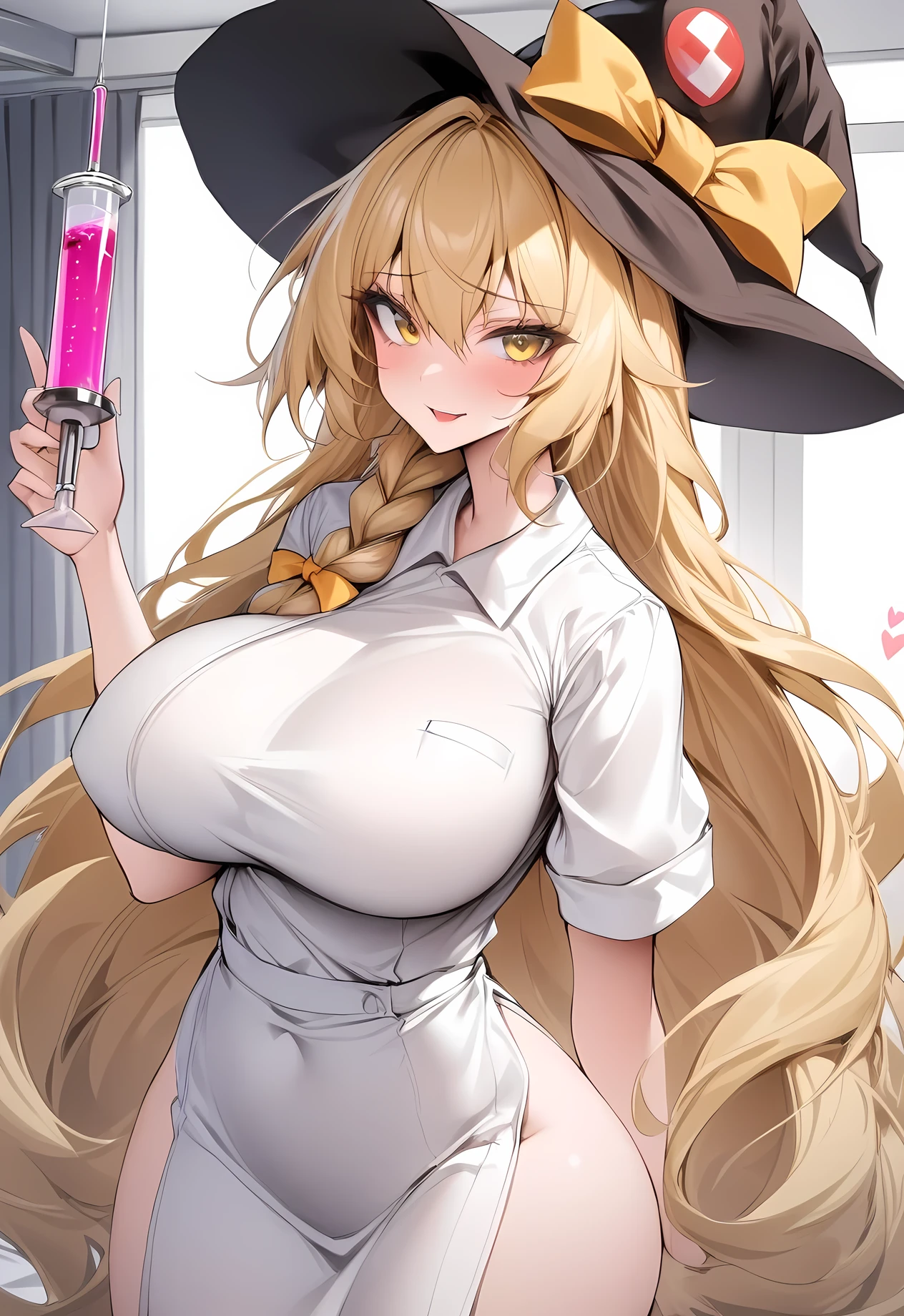 masterpiece, best quality, very aesthetic, absurdres, 1girl, mature_lady,nurse_clothes, nurse_hat,heart,holding a giant syringe,indoors,,touhou, kirisame_marisa, blonde_hair, eyelashes, hair_between_eyes, hair_bow, long_hair, sidelocks, single_braid, very_long_hair, yellow_eyes, black_hat, hat, hat_bow, witch_hat,,floating_clothes,