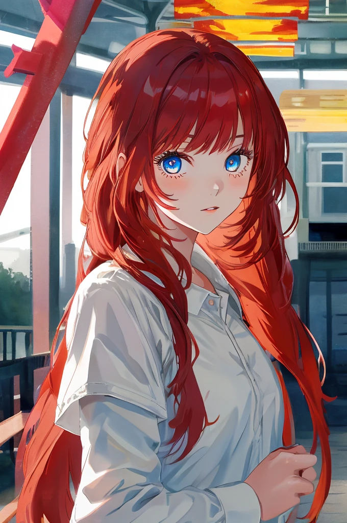 1girl, red hair, blue eyes, looking at viewer