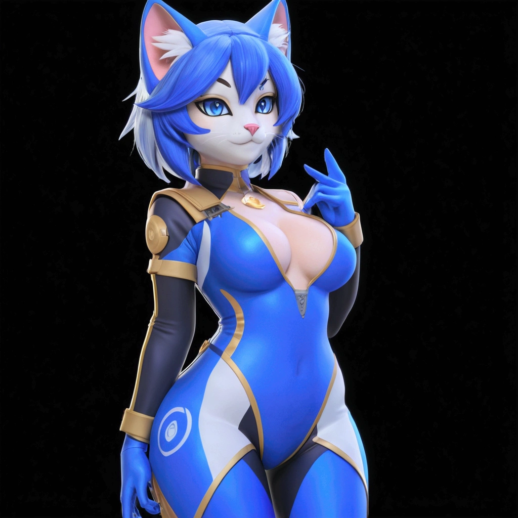 a closeup of a woman dressed in blue and white, star fox krystal, totally robotic!! cat girl, anime cat girl, attractive cat girl, cartoon character; full body art, render of a cute 3d anime girl, cat girl, katana zero video game character, cat girl, full body zenkai! asuka costume, official character art