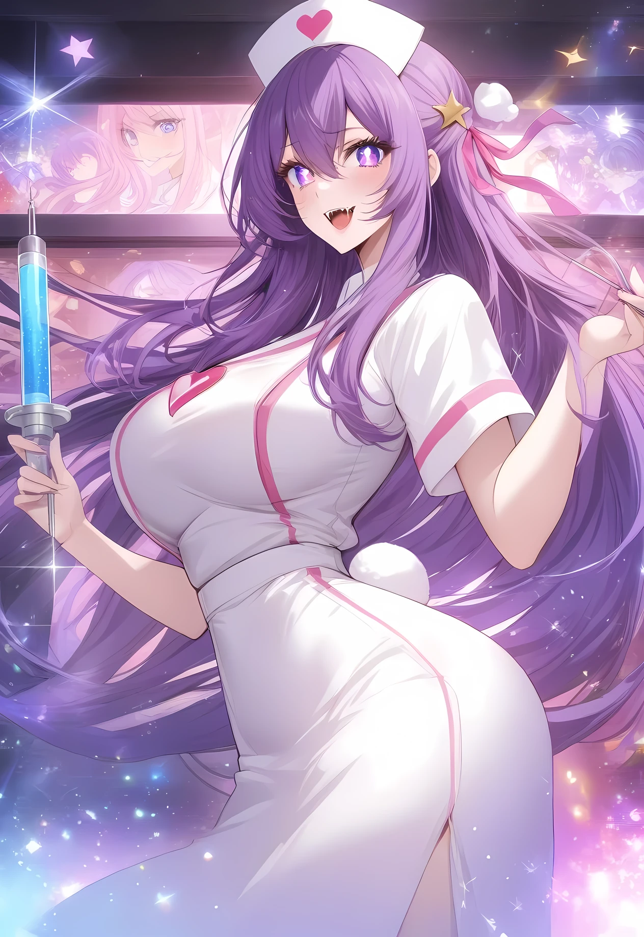 masterpiece, best quality, very aesthetic, absurdres, 1girl, mature_lady,nurse_clothes, nurse_hat,heart,holding a giant syringe,indoors,,hoshino_ai_(oshi_no_ko),  eyelashes, eyes_visible_through_hair, fangs, floating_hair, glint, sparkle, star_(symbol), star_hair_ornamenthair_between_eyes, hair_ornament, hair_ribbon, heart-shaped_ornament, long_hair, purple_eyes, purple_hair, rabbit_hair_ornament, sidelocks, star-shaped_pupils, symbol-shaped_pupils, tsurime, very_long_hair,,glowing stardust frontground,fantasy,sparkling,fireflies,