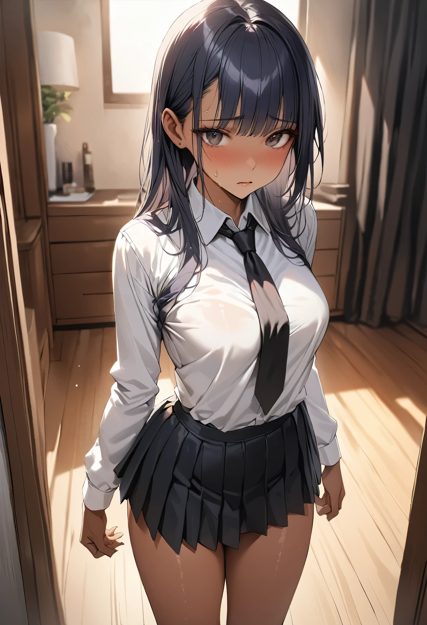 ((masterpiece,Highest quality:1.3,best quality illustration)),realistic,1woman,(20 year old beauty),((very small head:1.3)),ideal ratio body proportions,dark blue hair,straight long hair,bangs,black eyes,gorgeous big eyes,shy,((tan skin,skinny)),(Black vest、Black tie、White collared shirt、Long sleeve、Black pleated mini skirt)),medium breasts,gleaming skin,slender body,sweat,standing,Simple bedroom,Shinjuku、Tokyo、nsfw,