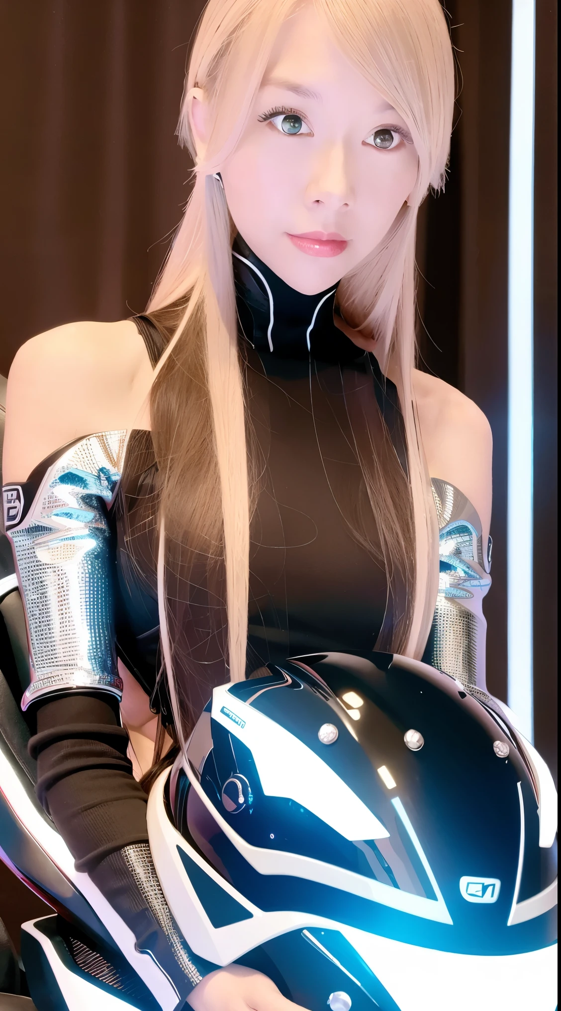 a highly detailed and photorealistic 1girl wearing a beautiful platinum mecha suit with an exquisite mecha helmet, holding a direction controller, riding a motorcycle in a futuristic high-tech cityscape with stunning lighting effects, intricate details, best quality, 8k, photorealistic, masterpiece, hyper detailed, cinematic lighting, vibrant colors, dramatic composition
