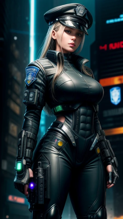 Maximum image quality，outstanding details，Borg，The cyborg police of the future，Wear a futuristic transparent sexy SWAT uniform..，an eye is a camera, cyborg,short skirt，She stood in front of the police car...，heavy body，Sexy and robust，Detailed abs，Detailed muscle lines，dynamic poses，the night，Future city street view background，Neon light，sense of science and technology，future technology，Very detailed cyberpunk style...，cyber punk character，Highly detailed police uniforms...，Highly detailed police cap...，Police badge，wear police cap，Very detailed weapons，The weapon of the future，intercom，wireless devices，Very detailed handcuffs...，Very detailed police equipment...，Highly detailed police car...，Future police car，Facade，Full body photo，Look from the bottom up，look from below, I look at the viewer，Locks
