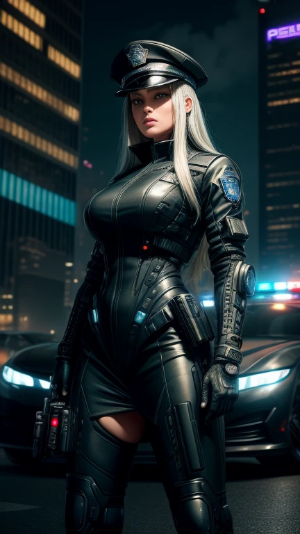 Maximum image quality，outstanding details，Borg，The cyborg police of the future，Wear a futuristic transparent sexy SWAT uniform..，an eye is a camera, cyborg,short skirt，She stood in front of the police car...，heavy body，Sexy and robust，Detailed abs，Detailed muscle lines，dynamic poses，the night，Future city street view background，Neon light，sense of science and technology，future technology，Very detailed cyberpunk style...，cyber punk character，Highly detailed police uniforms...，Highly detailed police cap...，Police badge，wear police cap，Very detailed weapons，The weapon of the future，intercom，wireless devices，Very detailed handcuffs...，Very detailed police equipment...，Highly detailed police car...，Future police car，Facade，Full body photo，Look from the bottom up，look from below, I look at the viewer，Locks