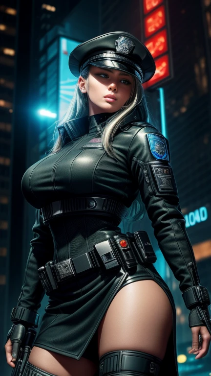 Maximum image quality，outstanding details，Borg，The cyborg police of the future，Wear a futuristic transparent sexy SWAT uniform..，an eye is a camera, cyborg,short skirt，She stood in front of the police car...，heavy body，Sexy and robust，Detailed abs，Detailed muscle lines，dynamic poses，the night，Future city street view background，Neon light，sense of science and technology，future technology，Very detailed cyberpunk style...，cyber punk character，Highly detailed police uniforms...，Highly detailed police cap...，Police badge，wear police cap，Very detailed weapons，The weapon of the future，intercom，wireless devices，Very detailed handcuffs...，Very detailed police equipment...，Highly detailed police car...，Future police car，Facade，Full body photo，Look from the bottom up，look from below, I look at the viewer，Locks